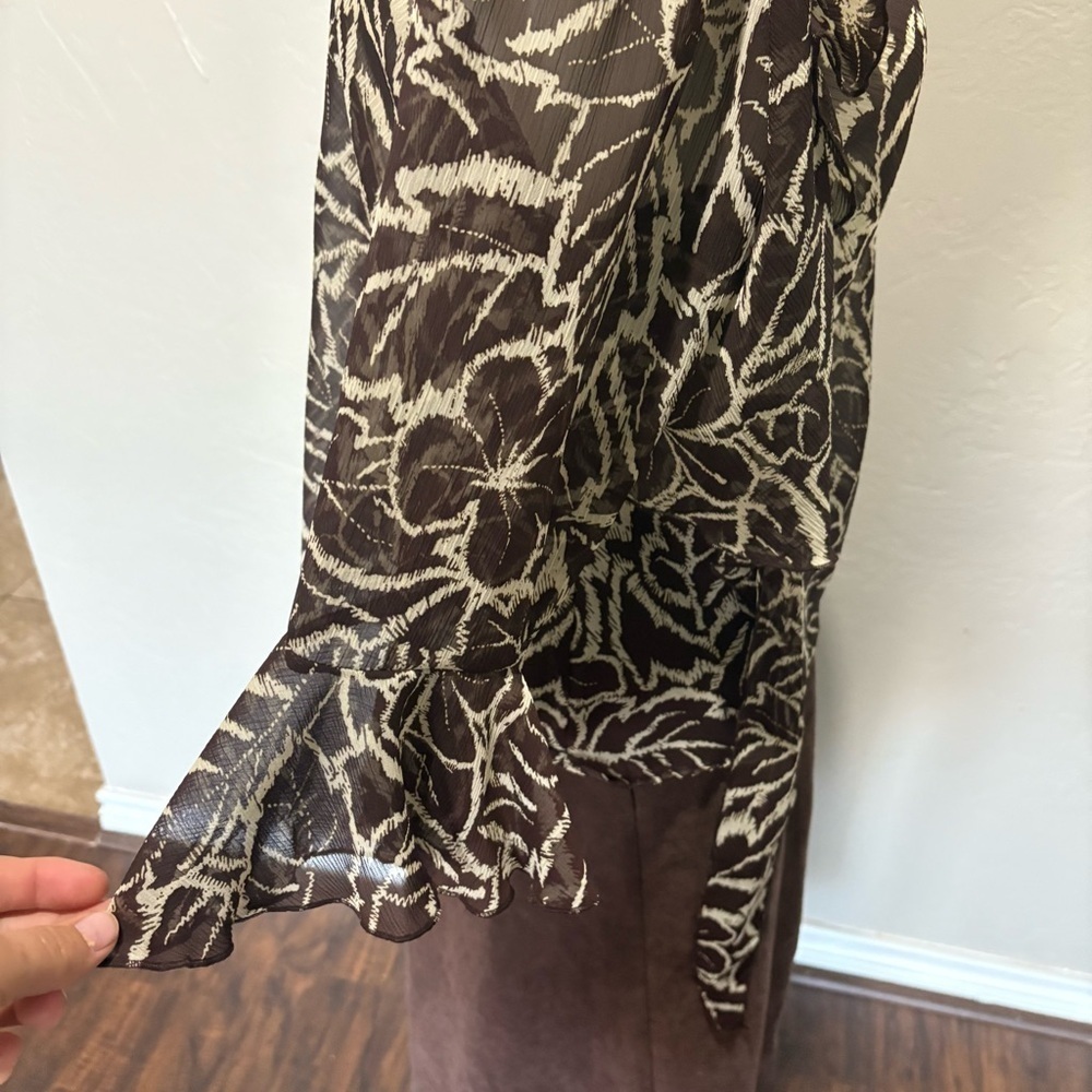 NWT 90s Sheer Floral Ruffle Tie Blouse Brown Beige | Versailles PM - Picture 6 of 12
